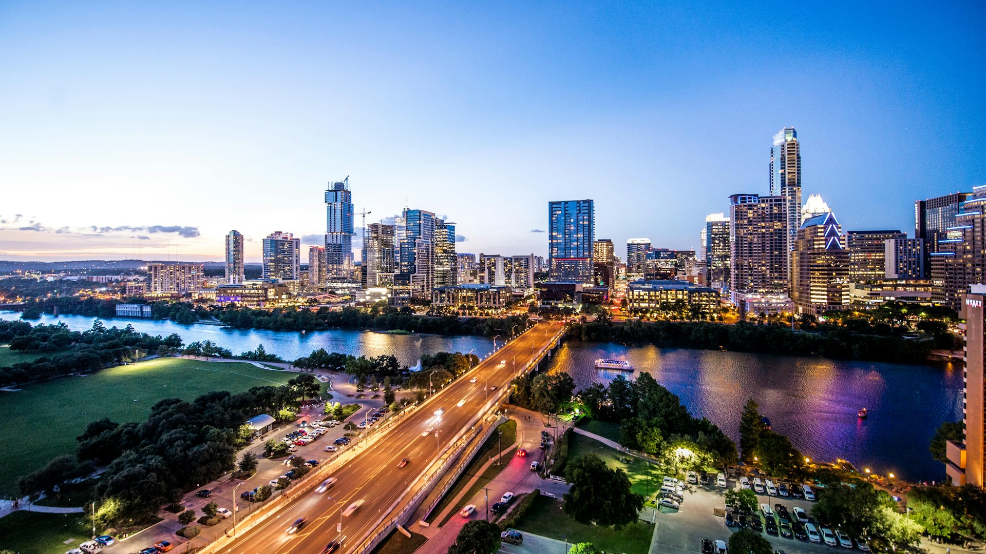 Aerial view of downtown Austin at sunset